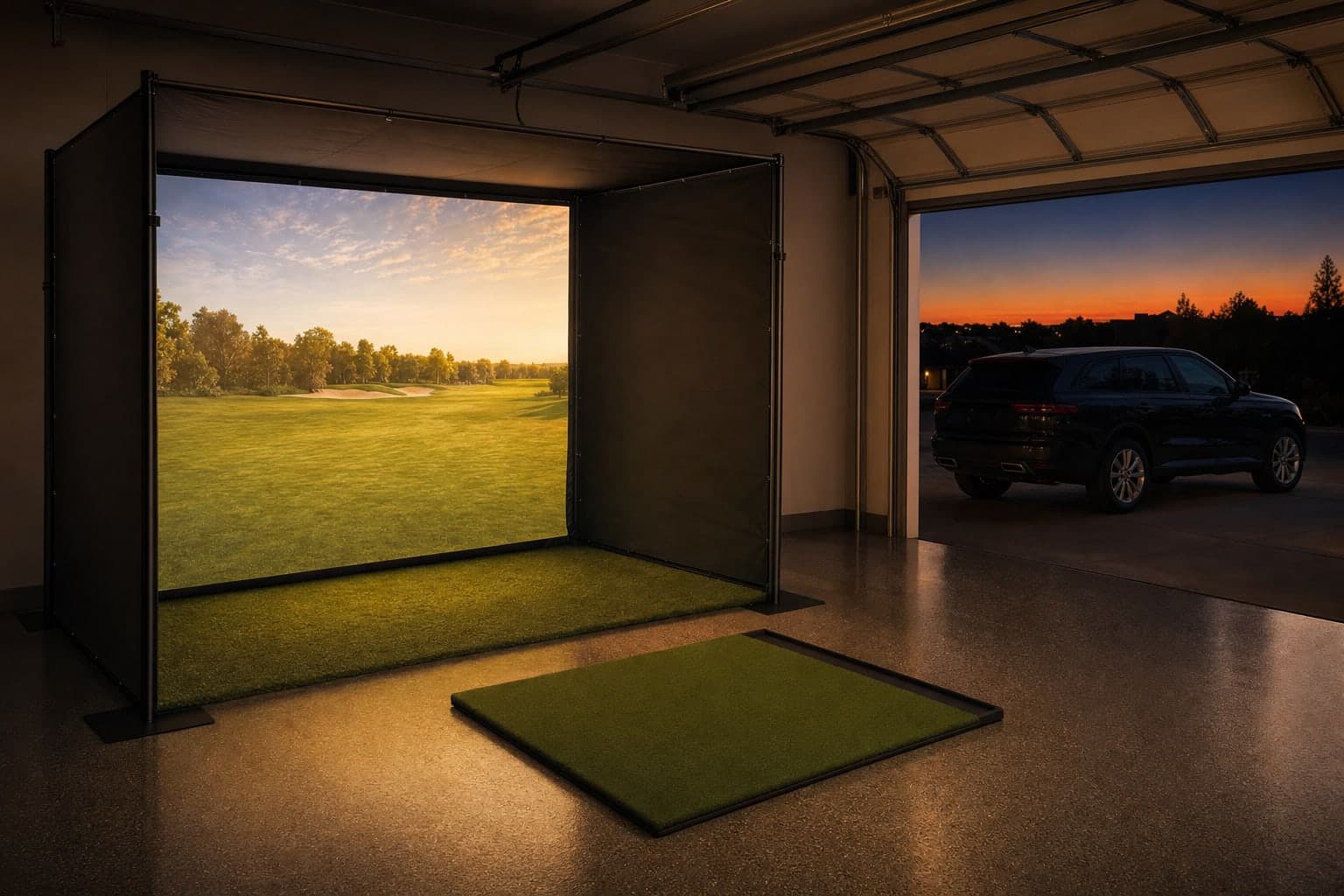 Concept render made from the factory sample photos: the bay lit at dusk with the garage door open and the car waiting in the driveway