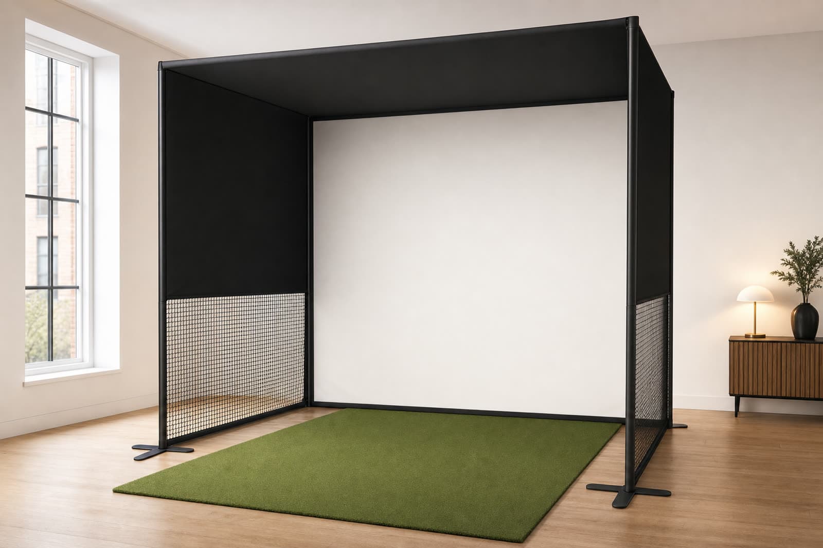 Concept render of the StowGolf bay deployed in a bright apartment spare room — freestanding, nothing mounted