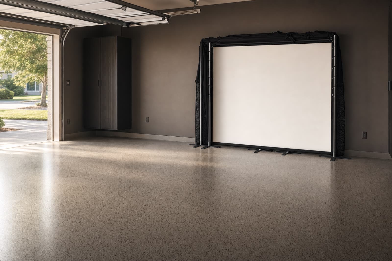 Concept render of the StowGolf unit stowed flat against the garage wall, the rest of the garage empty and usable