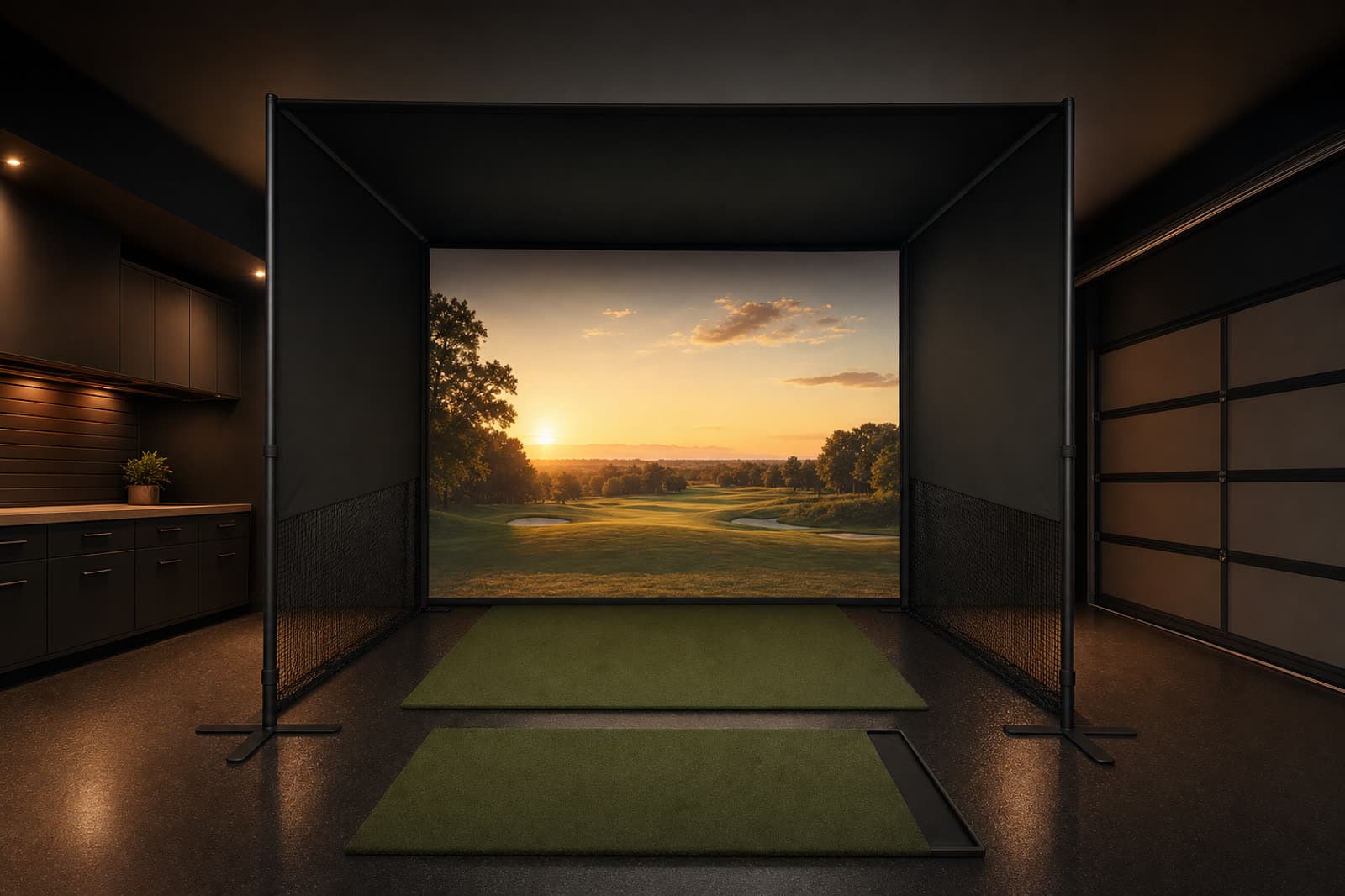 Concept render of the StowGolf bay deployed in a garage at night, fairway projected on the impact screen