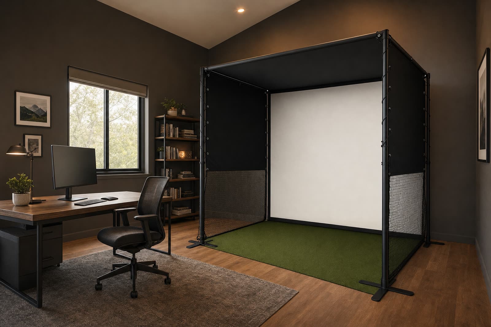 Concept render of the compact 7 by 7 StowGolf bay set up in a home office