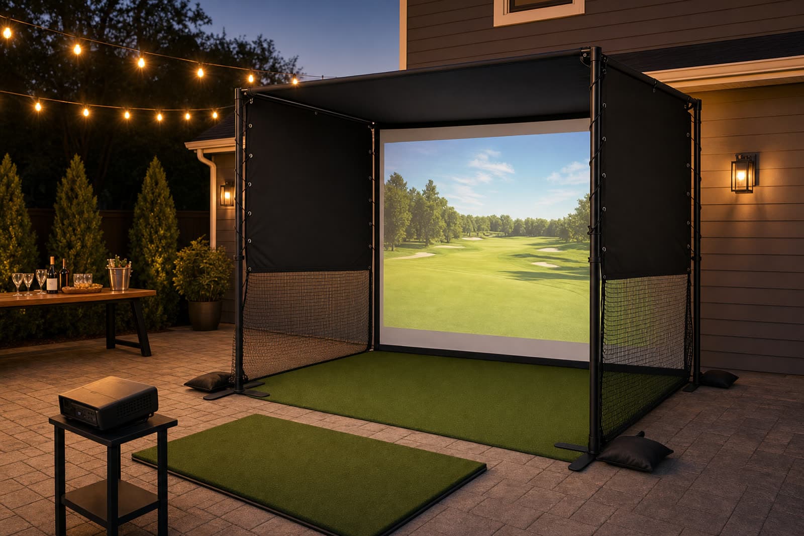 Concept render of the StowGolf bay set up outdoors for an evening party