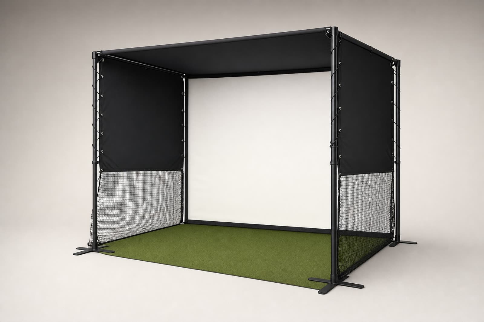 Concept render of the StowGolf bay deployed, grommet-and-cord side panels, netting kicks, canopy