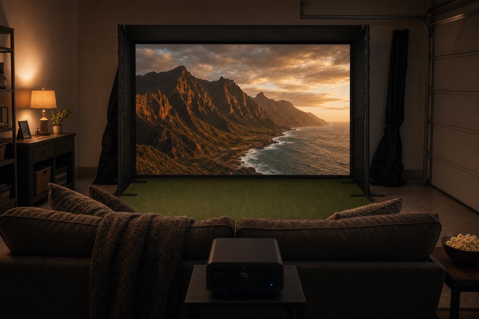 Concept render of theater mode: the bay stowed, the freestanding screen showing a movie in front of a couch
